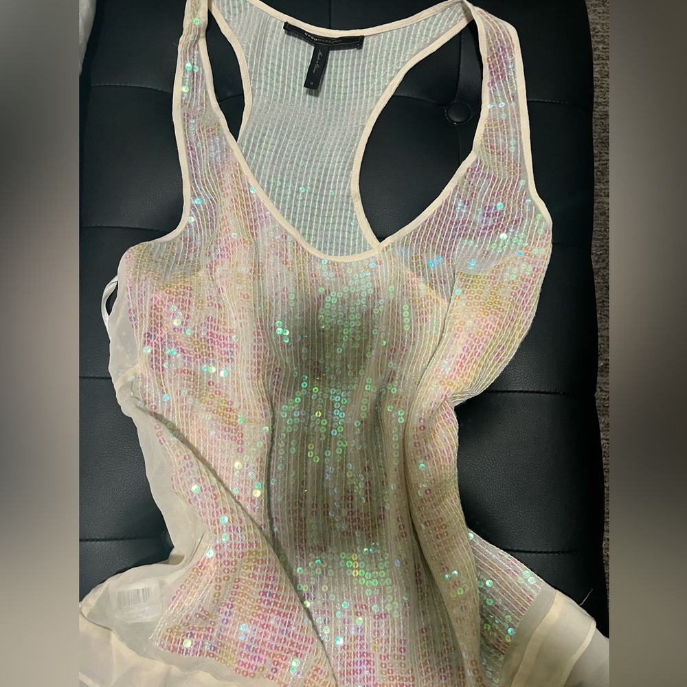 BCBG Sparkly Pink White Top Medium Y2K Glam Minimalist - Picture 2 of 4